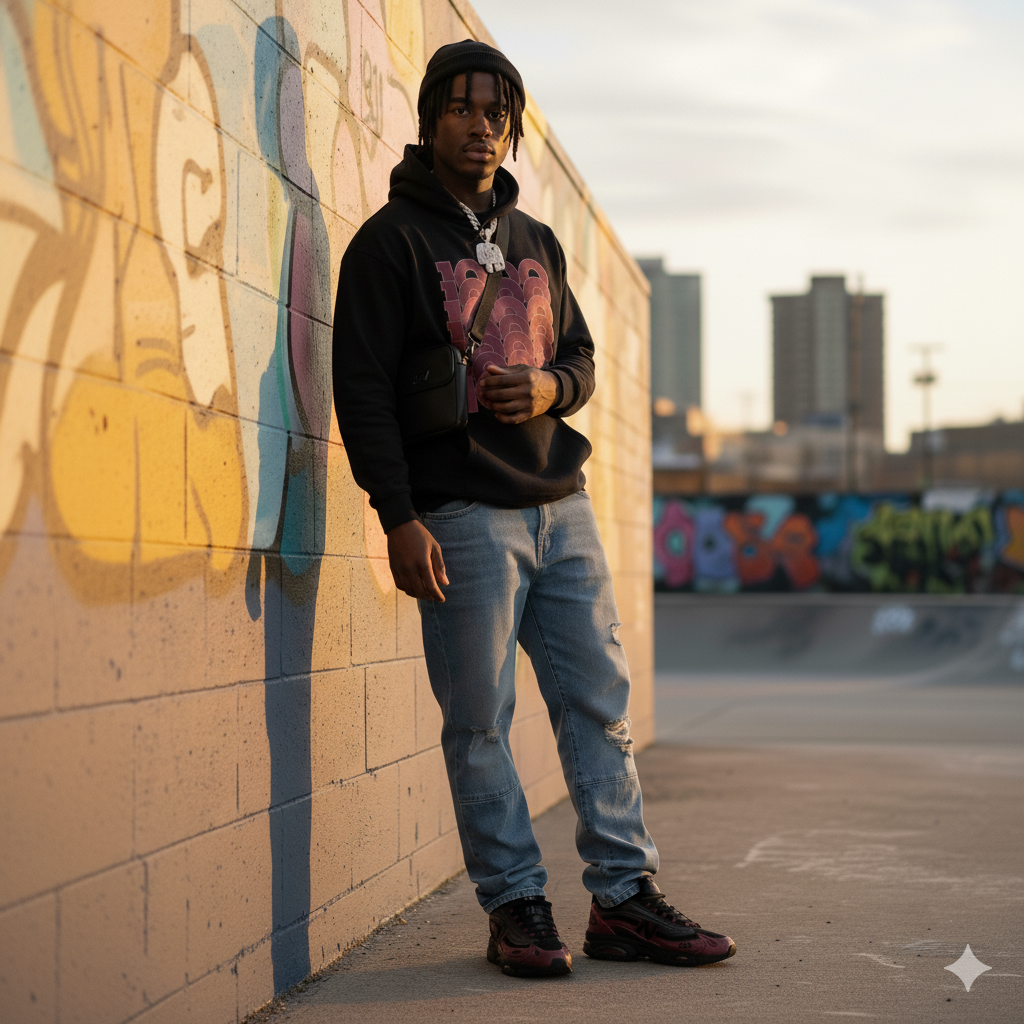 Man posing wearing a 1000 Stack Heavyweight Hoodie Matching New Balance 1000 Monarch Burgundy and jeans leaning against a graffiti-covered wall with a skate park in the background.