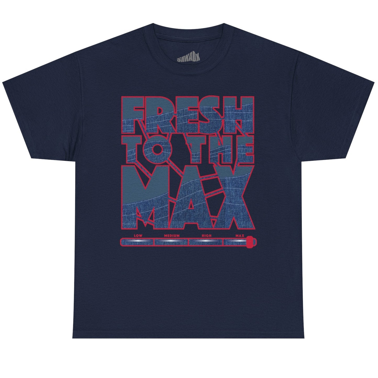 Navy blue t-shirt with 'Fresh to the Max' text in red and blue on a white background