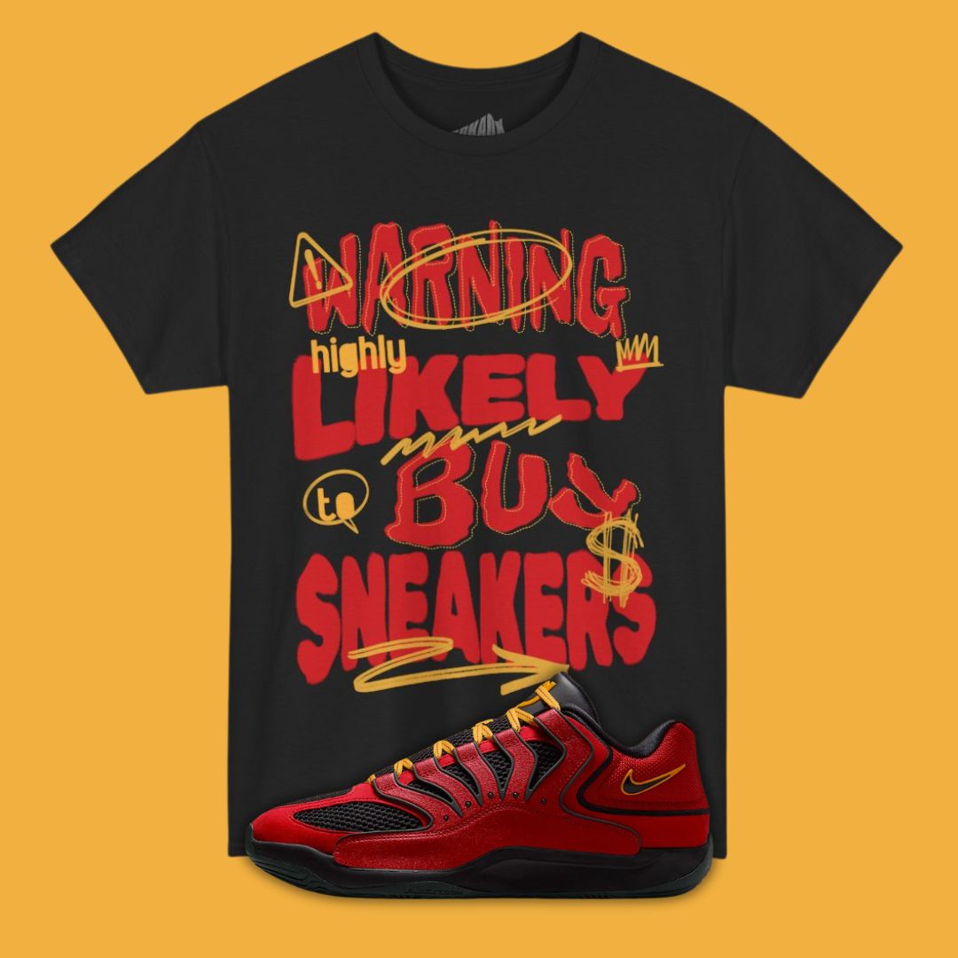 Blakc Typography T-Shirt with Warning Likely to Buy Sneakers on frontMatching KD 18 Air Bakin