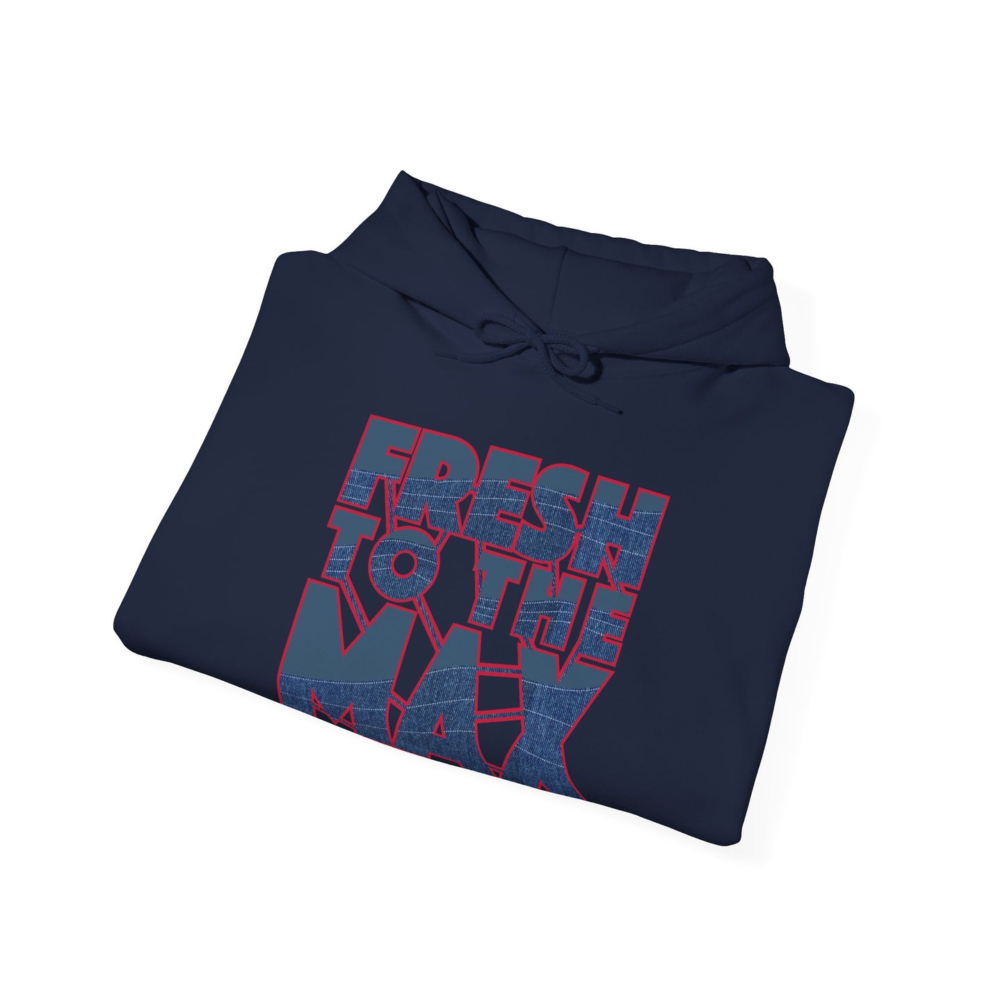 Folded navy blue hoodie with red and white text on a white background