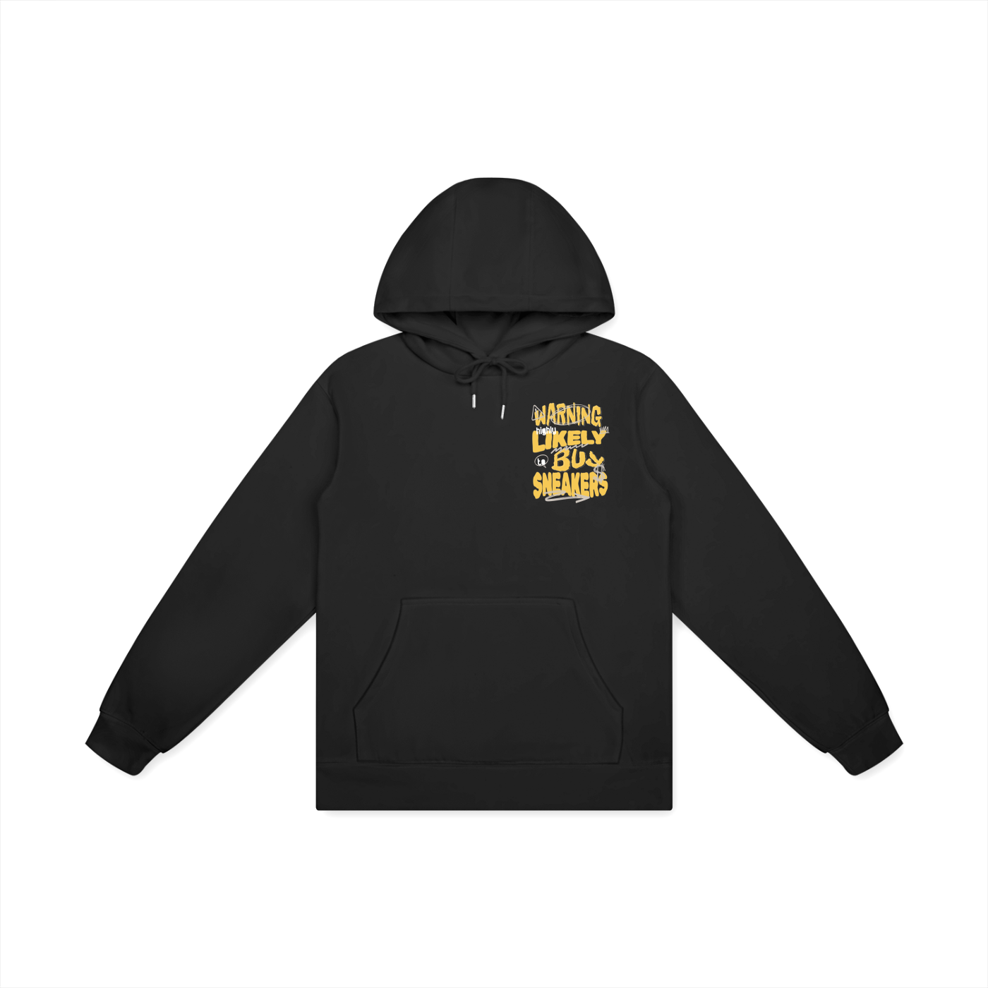 Black hoodie with yellow text on a white background