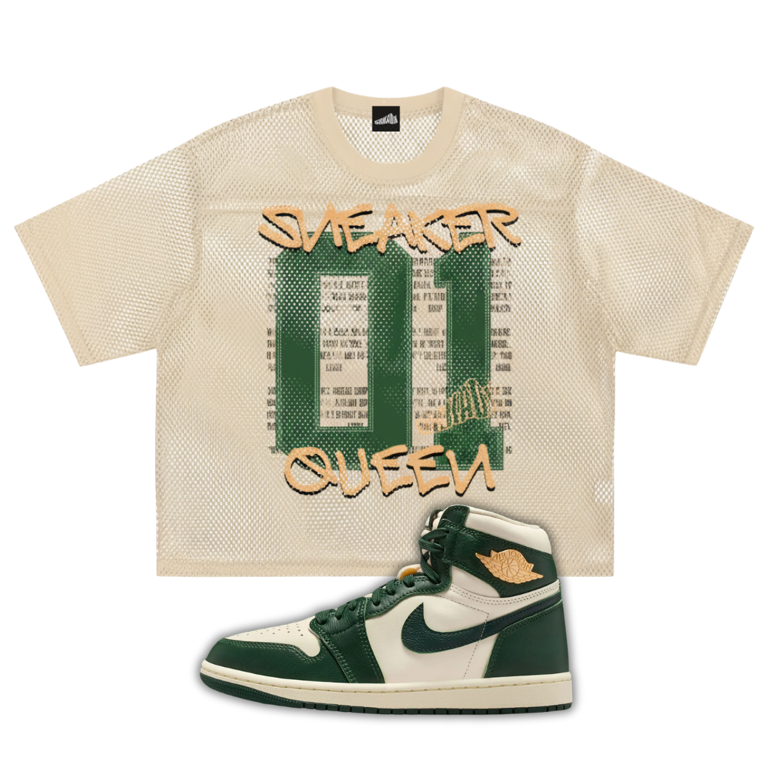 Beige jersey t-shirt with 'Sneaker Queen' text and a Air Jordan 1 High OG Fir Pro Green sneaker on a white background