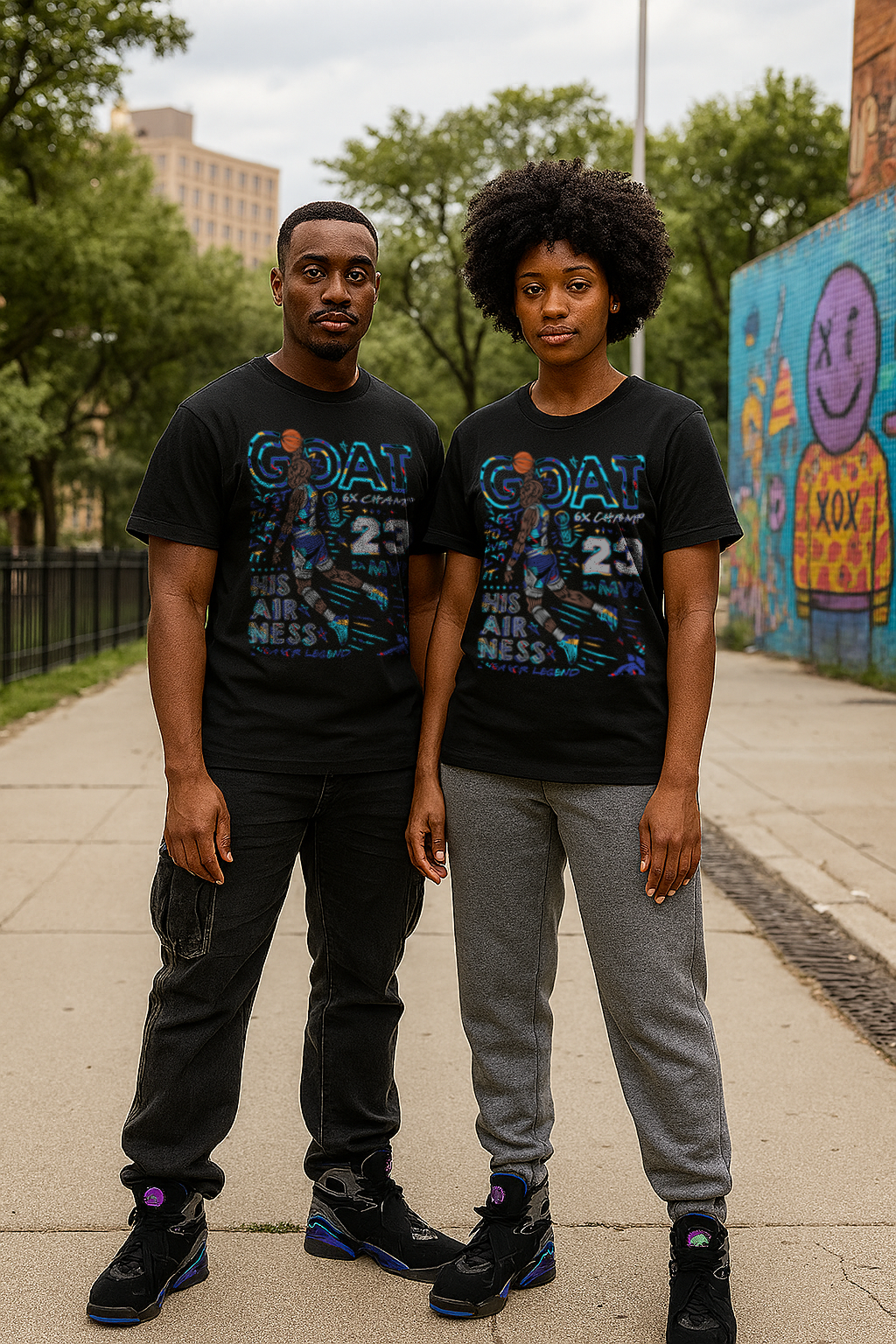 Man and woman wearing black Michael Jordan t-shirt matching Air Jordan 8 Aqua