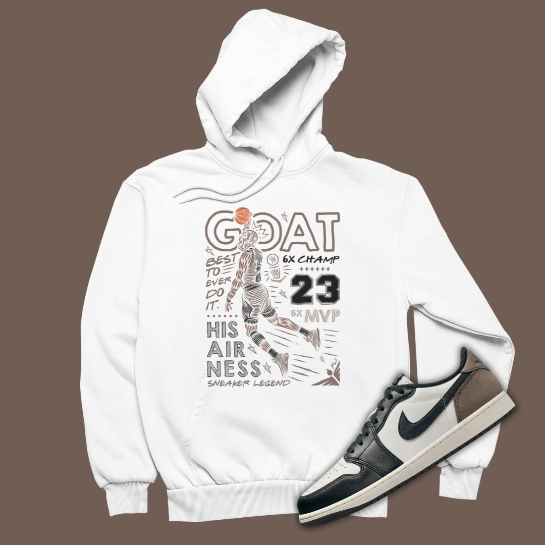 GOAT White Hoodie Matching ParallaxShops Jordan 1 Low OG Mocha Nike Jordan jumpman graphic branding