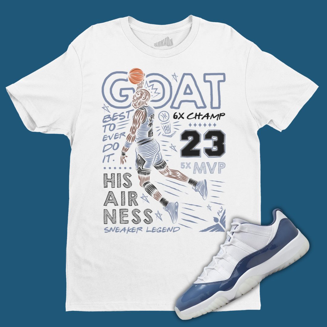 Jordan 11 Low Diffused Blue GOAT Tee Matching the first pictures of the air jordan 13 reverse bred DysongroupShops