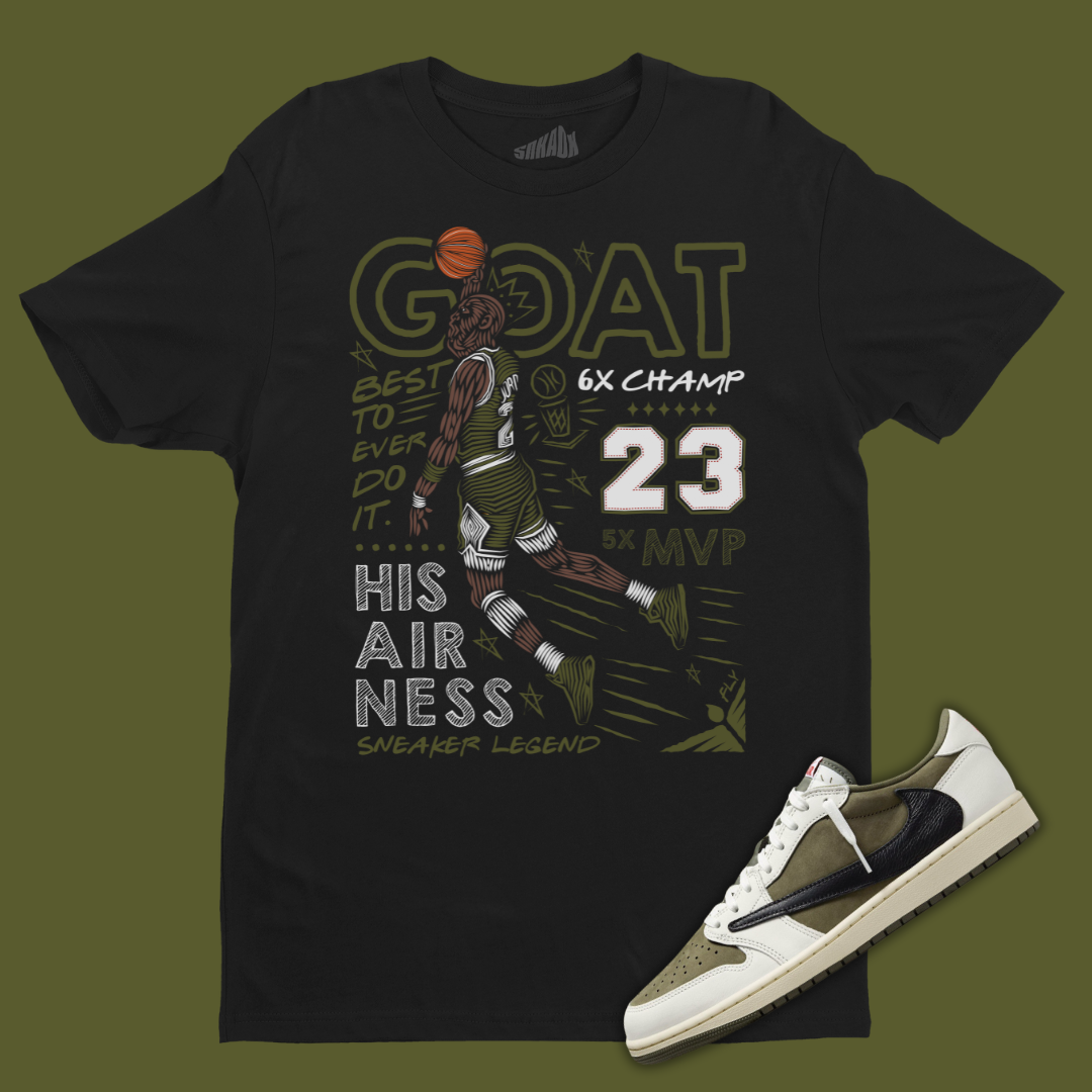 Travis Scott Jordan 1 Medium Olive GOAT Black Tee air jordan 1 og neutral grey hyper crimson white black 555088 018 release date ParallaxShops