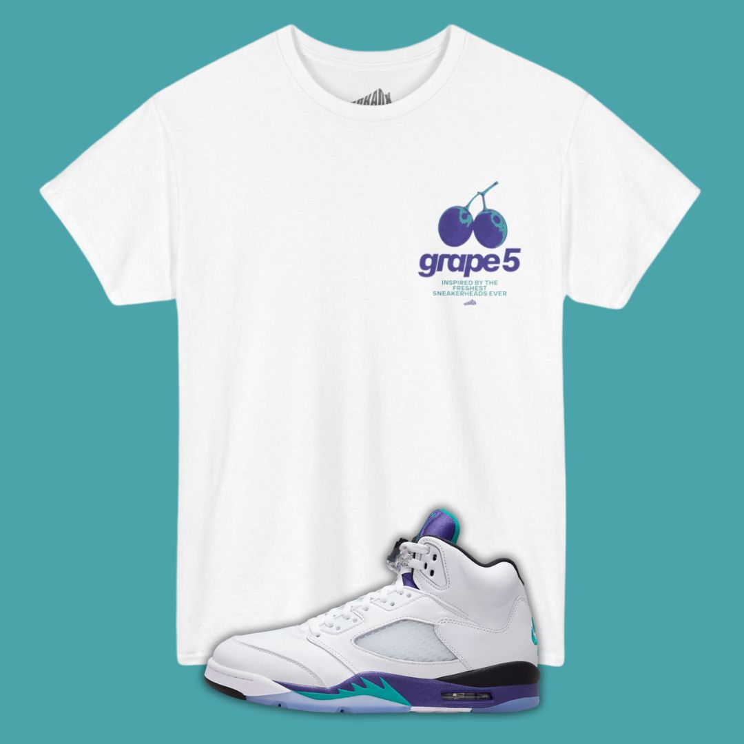 Grape 5's Typography white T-Shirt Matching Jordan 5 Grape 2025 - front view