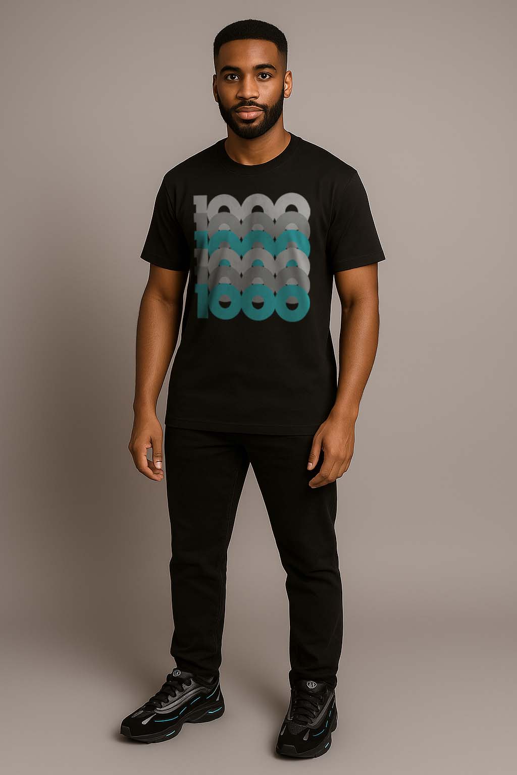 Man Wearing New Balance 1000 Black Teal matching
T-shirt