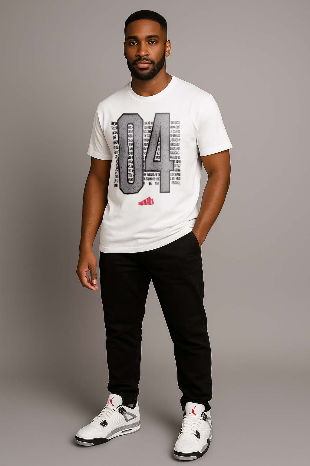 Man Wearing Number 4 Jersey Style white T-Shirt Matching Jordan 4 White Cement