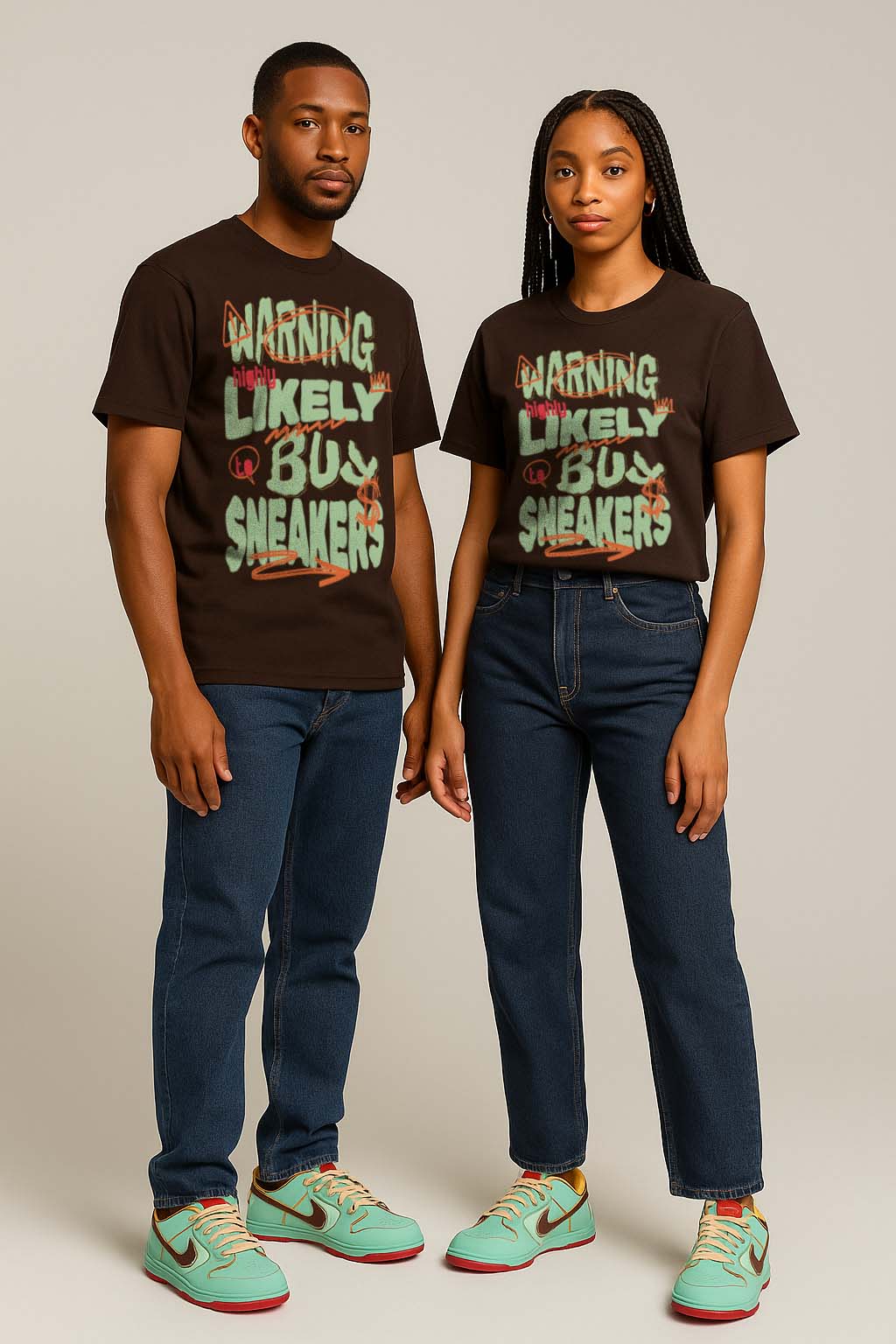 Man and Woman wearing Warning Highly Likely to Buy Sneakers brown T-Shirt Matching Dunk Low SB Rodeo BHM.