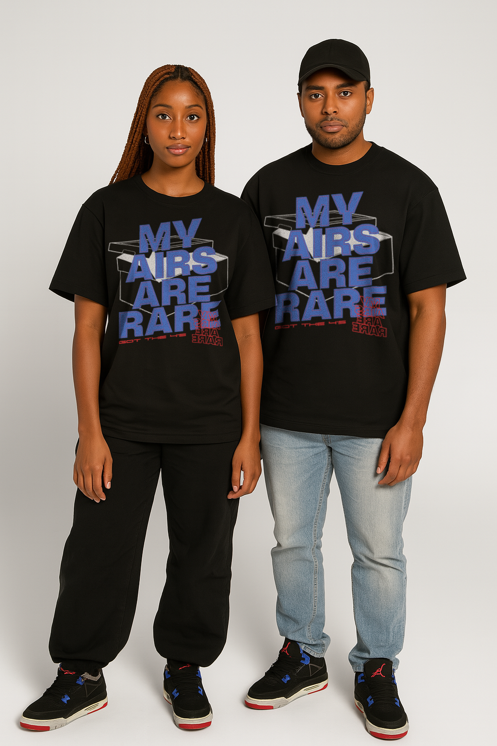 Two people wearing black t-shirts with 'MY AIRS ARE RARE' text on a white background