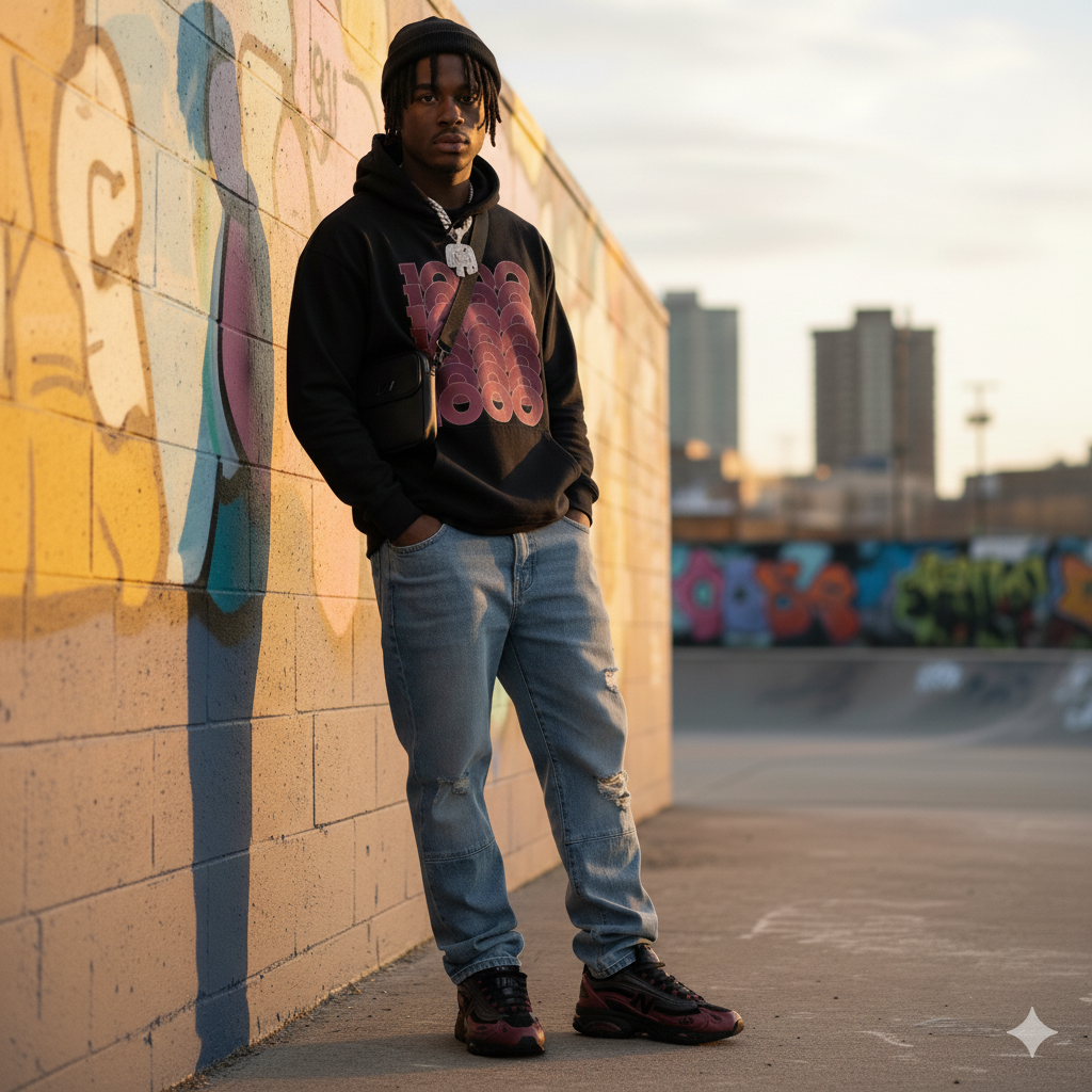 Man wearing a 1000 Stack Heavyweight Hoodie Matching New Balance 1000 Monarch Burgundy and jeans leaning against a graffiti-covered wall with a skate park in the background.