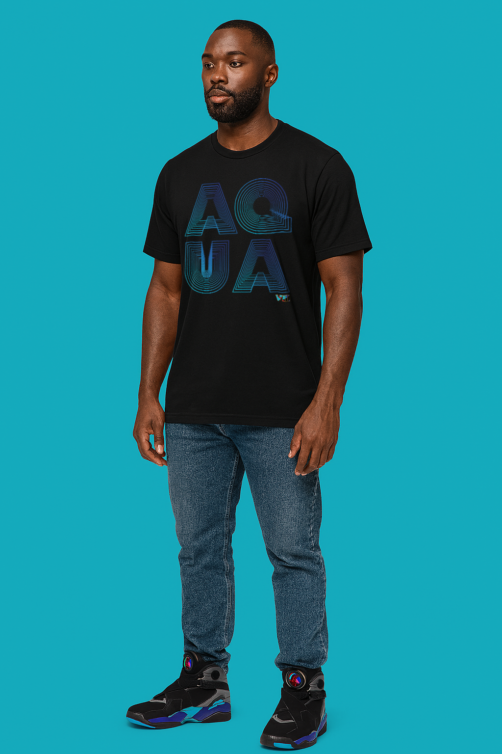 Man wearing a black t-shirt with 'AQUA' design on a blue background