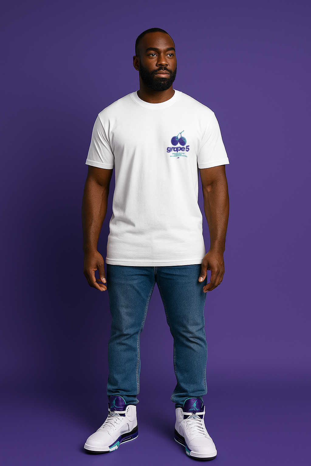 Man wearing Grape 5's Typography white T-Shirt Matching Jordan 5 Grape 2025