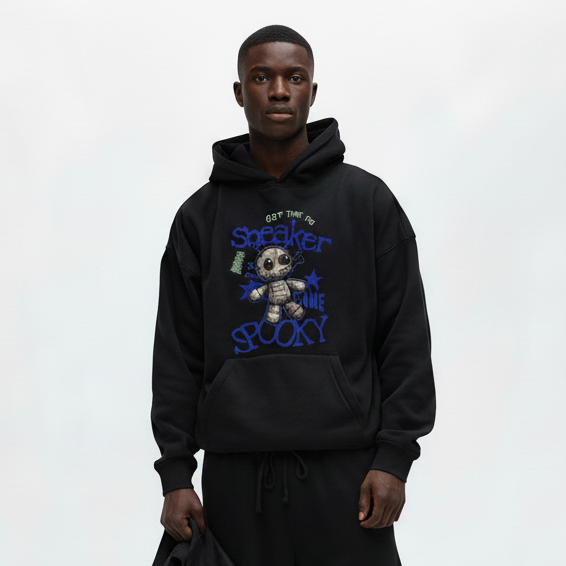 Man wearing a black hoodie with a Voodoo Jordan 1 design on a white background