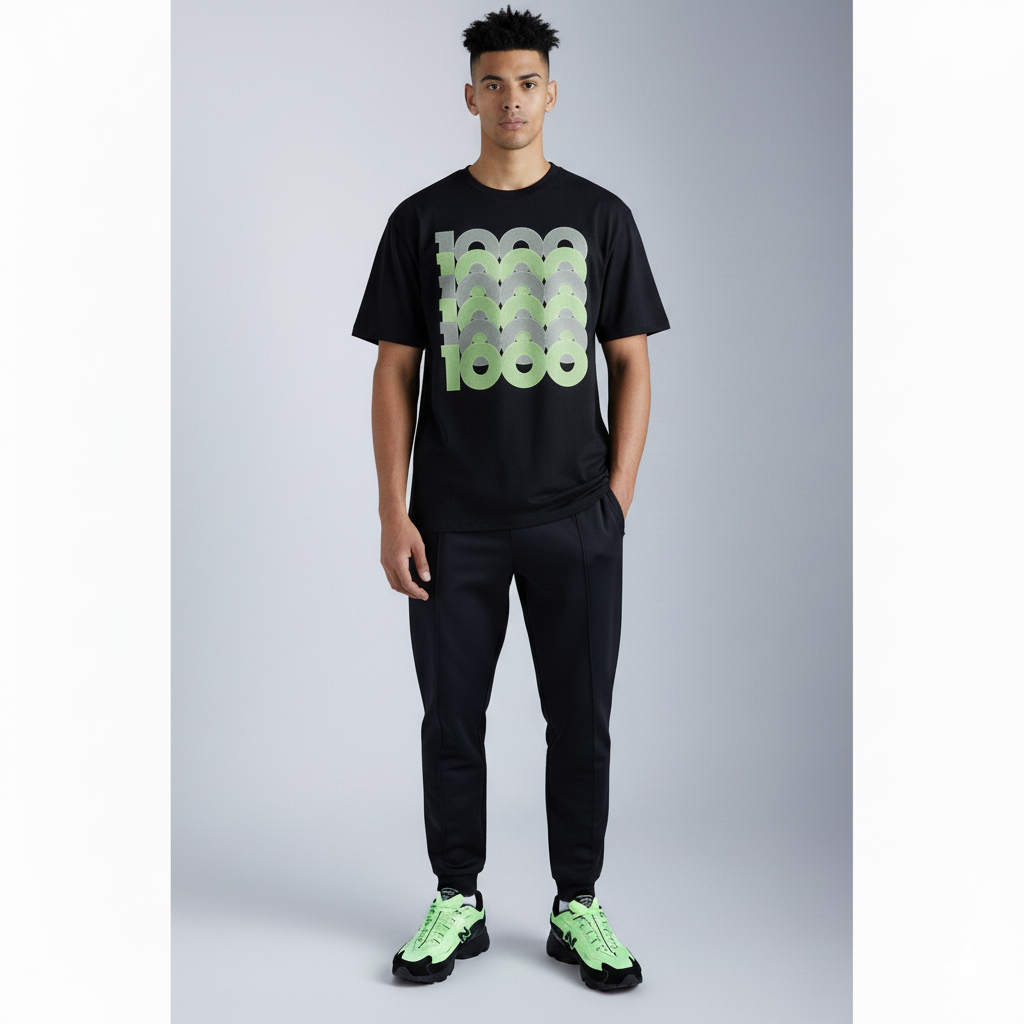 Man wearing a black t-shirt pens with green pattern, black pants, and New Balance Black Neon Green shoes on a gray background