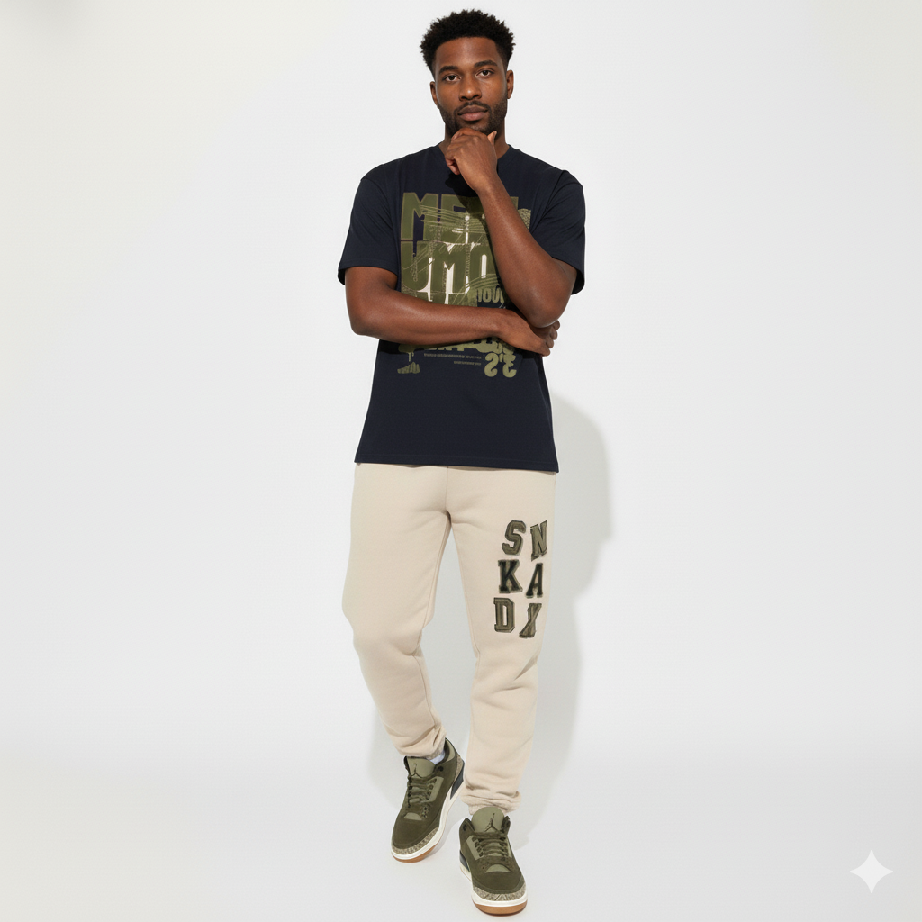 Man wearing a black t-shirt with green text, beige sweatpants with text, and green Air Jordan 3 Family Affair Medium Olive on a white background