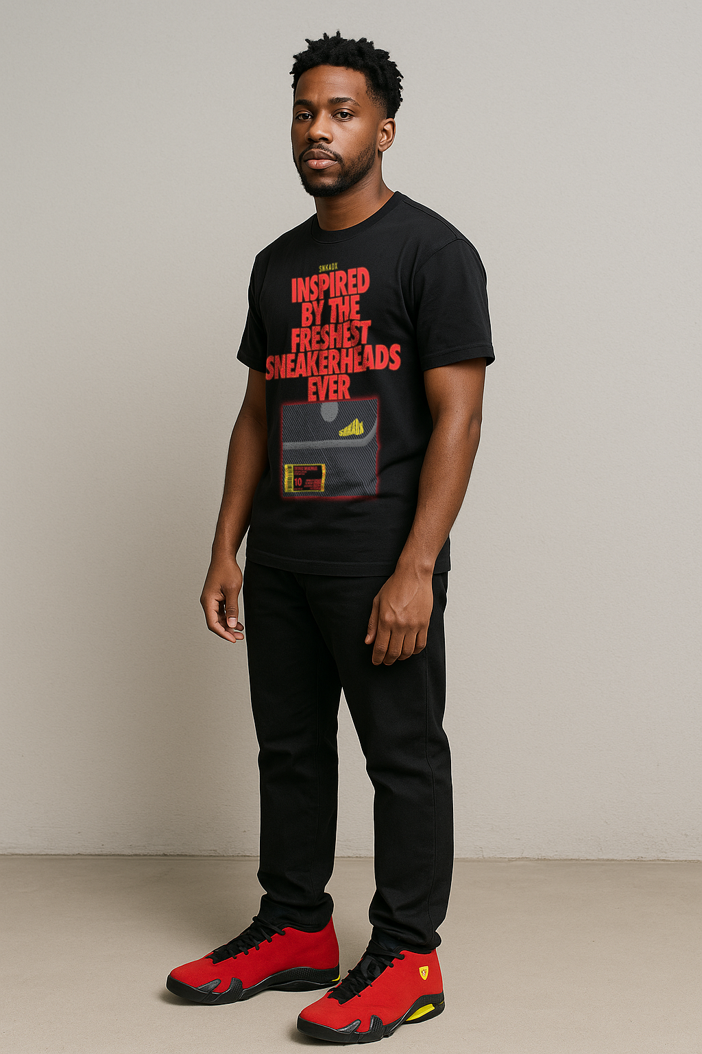Man wearing black Shoe Box T-Shirt Matching Jordan 14 Ferrari
