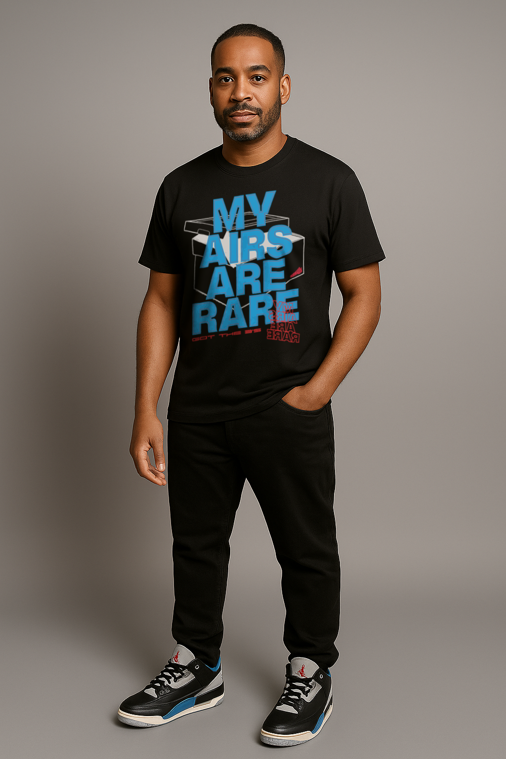 Man wearing black tee designed to match Air Jordan 3 Rare Air with "My Airs are Rare" on the front.