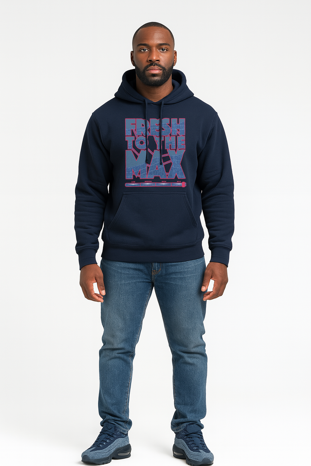 Man wearing a navy hoodie with graphic design on a white background
