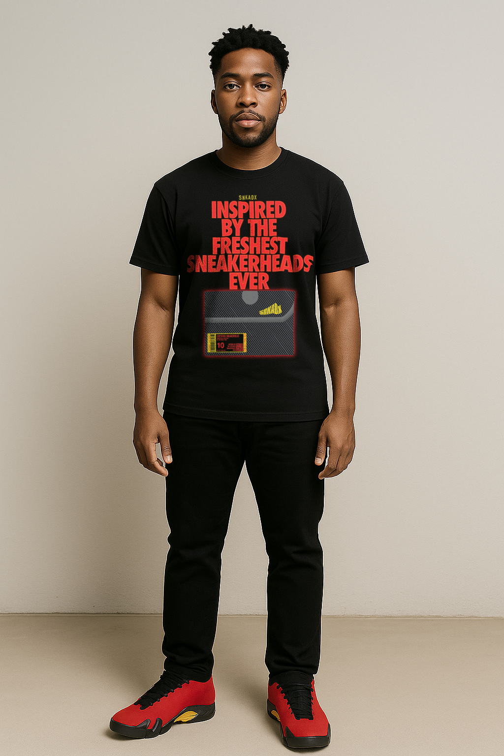 Man wearing black Shoe Box with Inspired by the freshest sneakerheads ever text on the front T-Shirt Matching Jordan 14 Ferrari