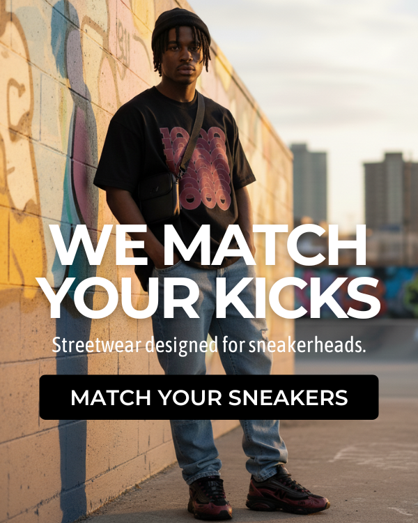 Person standing against a colorful wall with text overlay about streetwear for sneakerheads.