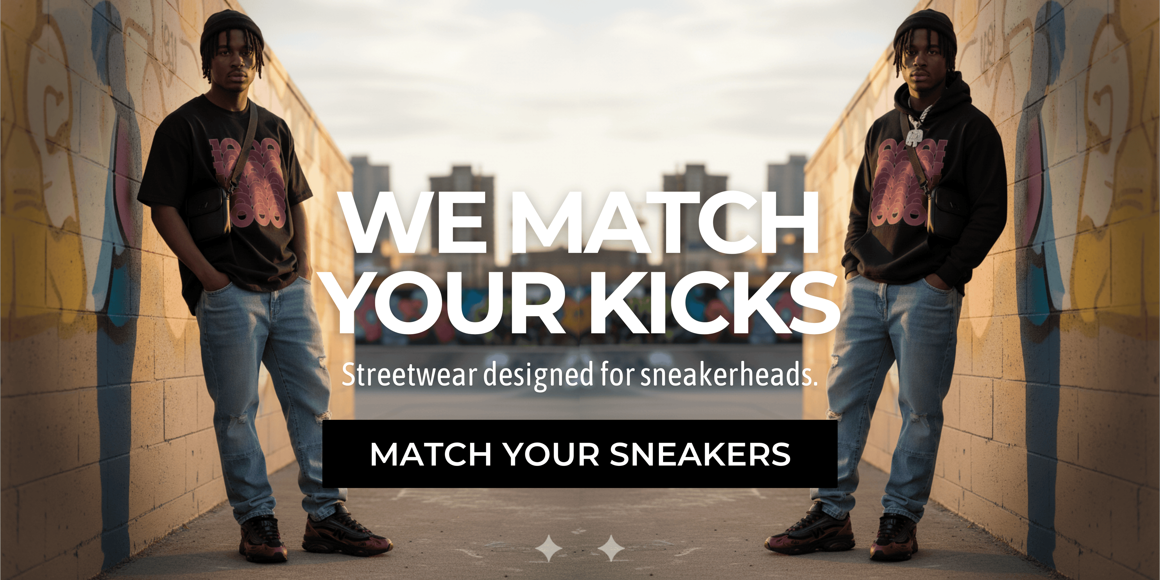Two people standing against a wall with text overlay promoting streetwear for sneakerheads.
