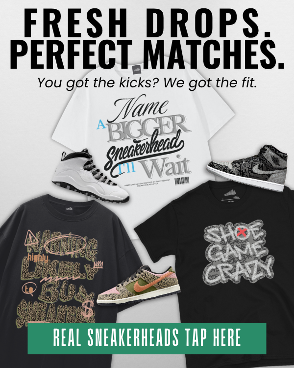 T-shirts with sneaker-themed designs and text, featuring sneakers and a promotional message.