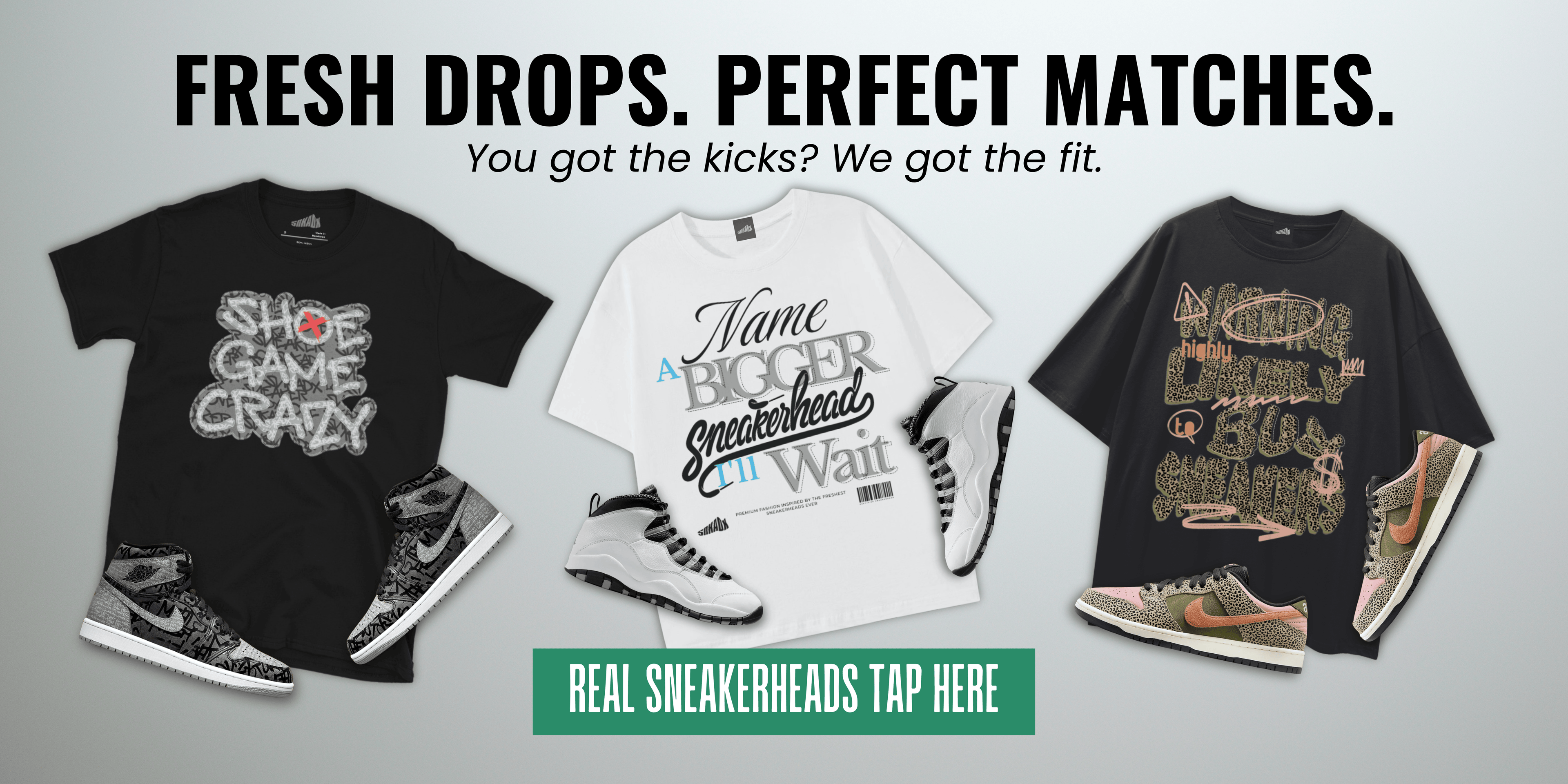 Three t-shirts with sneaker-themed designs on a gray background
