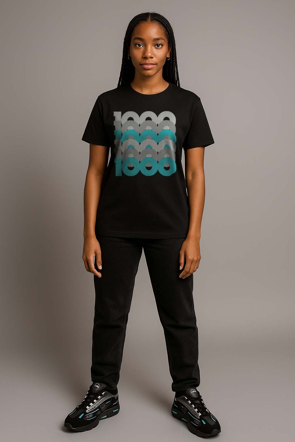 Woman Wearing New Balance 1000 Black Teal matching Tee