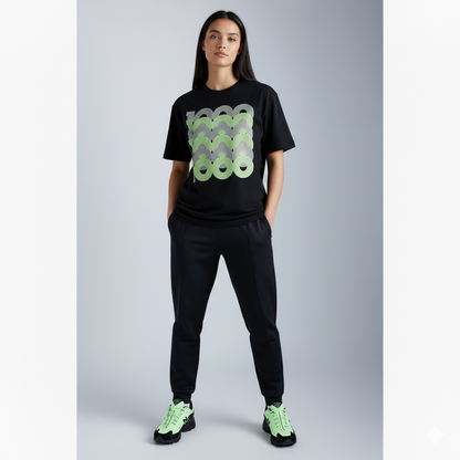 Woman wearing a black t-shirt pens with green pattern, black pants, and New Balance Black Neon Green shoes on a gray background