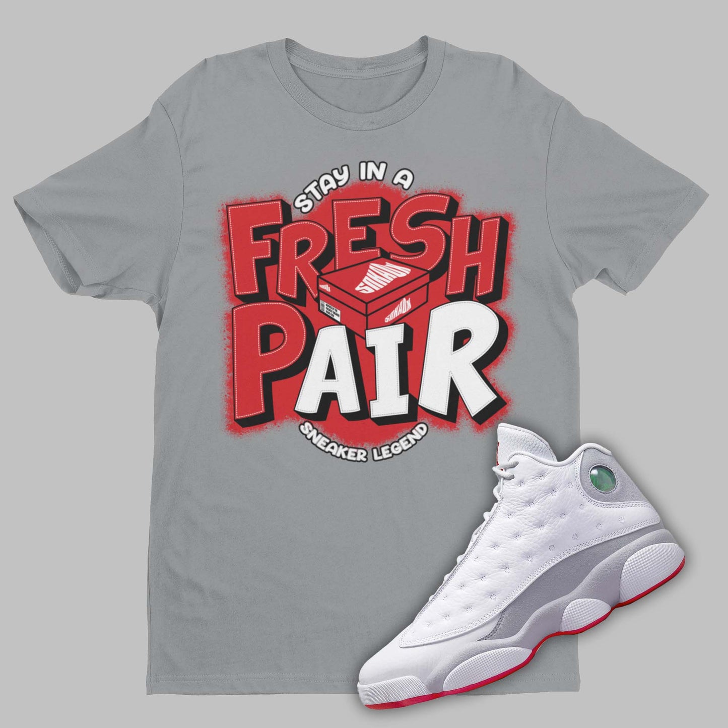 Fresh Pair Air Jordan 13 Wolf Grey Matching T-Shirt from SNKADX