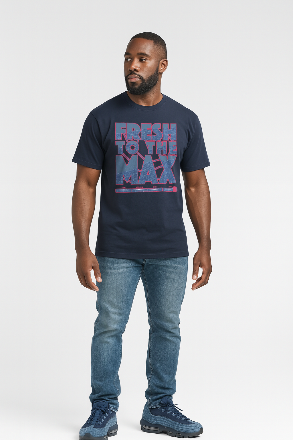 man wearing navy t-shirt with fresh to the max on the front to match levi's nike air max 95 denim