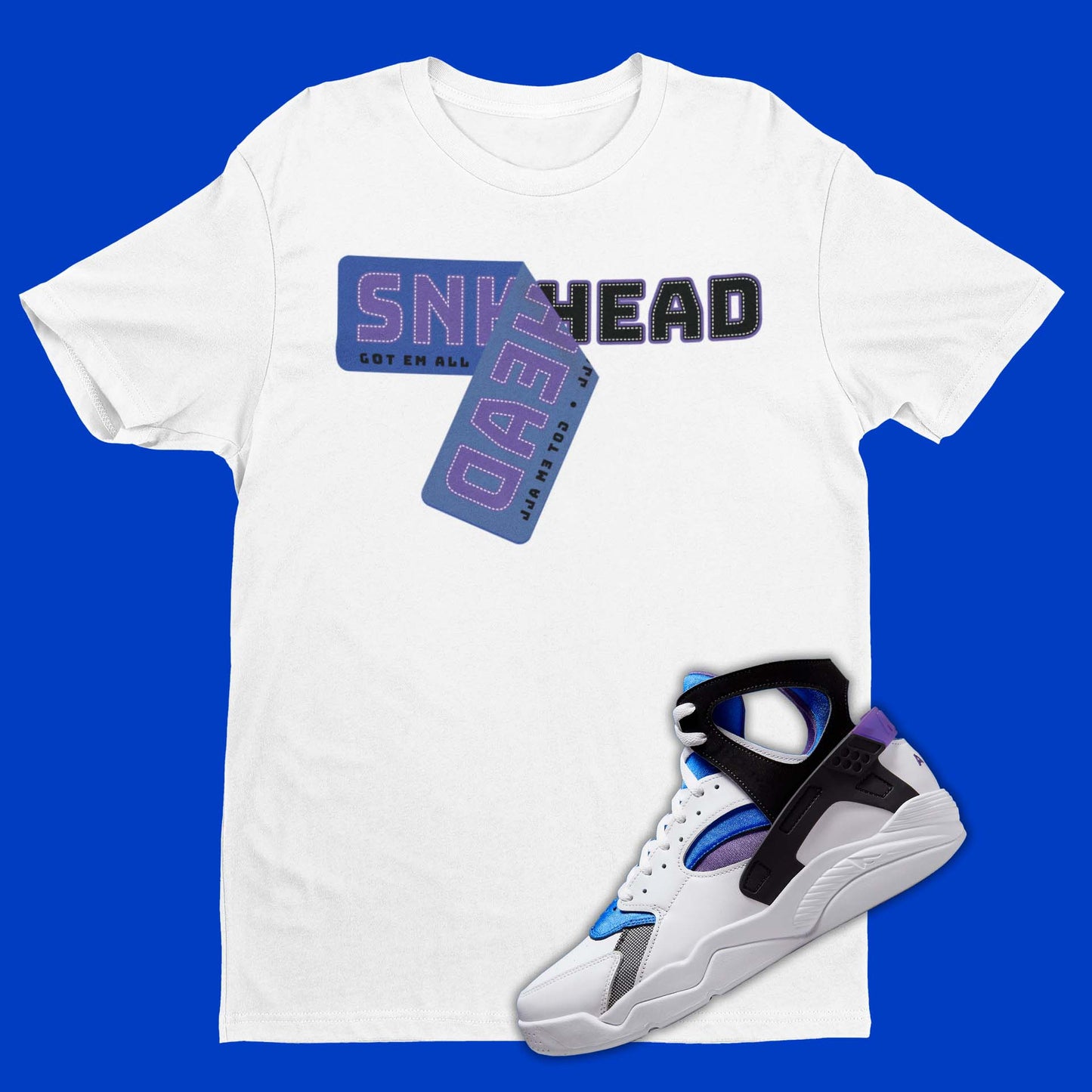 Nike Air Flight Huarache Varsity Purple and Royal Blue sneakerhead sticker on the front