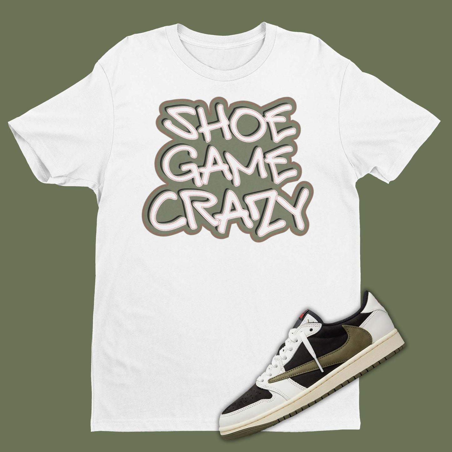 Travis Scott Air Jordan 1 Low Olive DZ4137-106 Matching Shirt in white