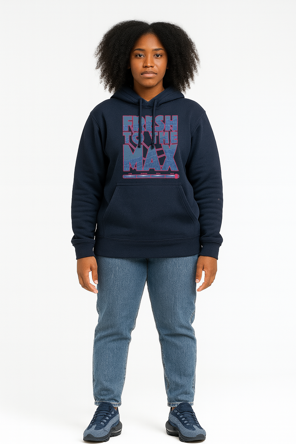 Woman wearing a navy hoodie with graphic design on a white background