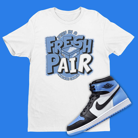 Jordan 1 UNC Toe inspired t-shirt with shoe box design on the front and 'Stay In A Fresh Pair'