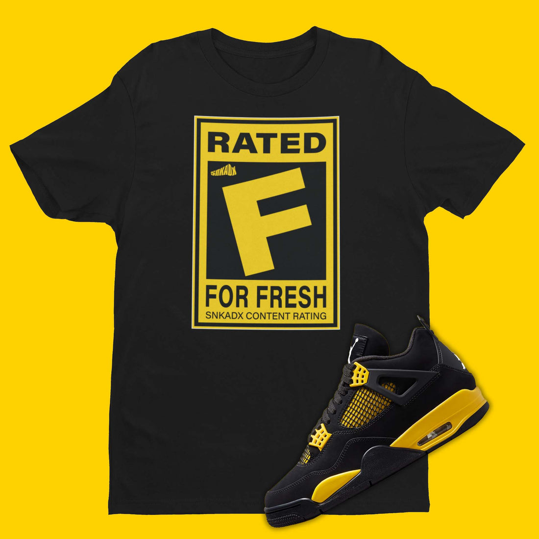 black shirt with gamer rating F for fresh designed to match Air Jordan 4 Thunder