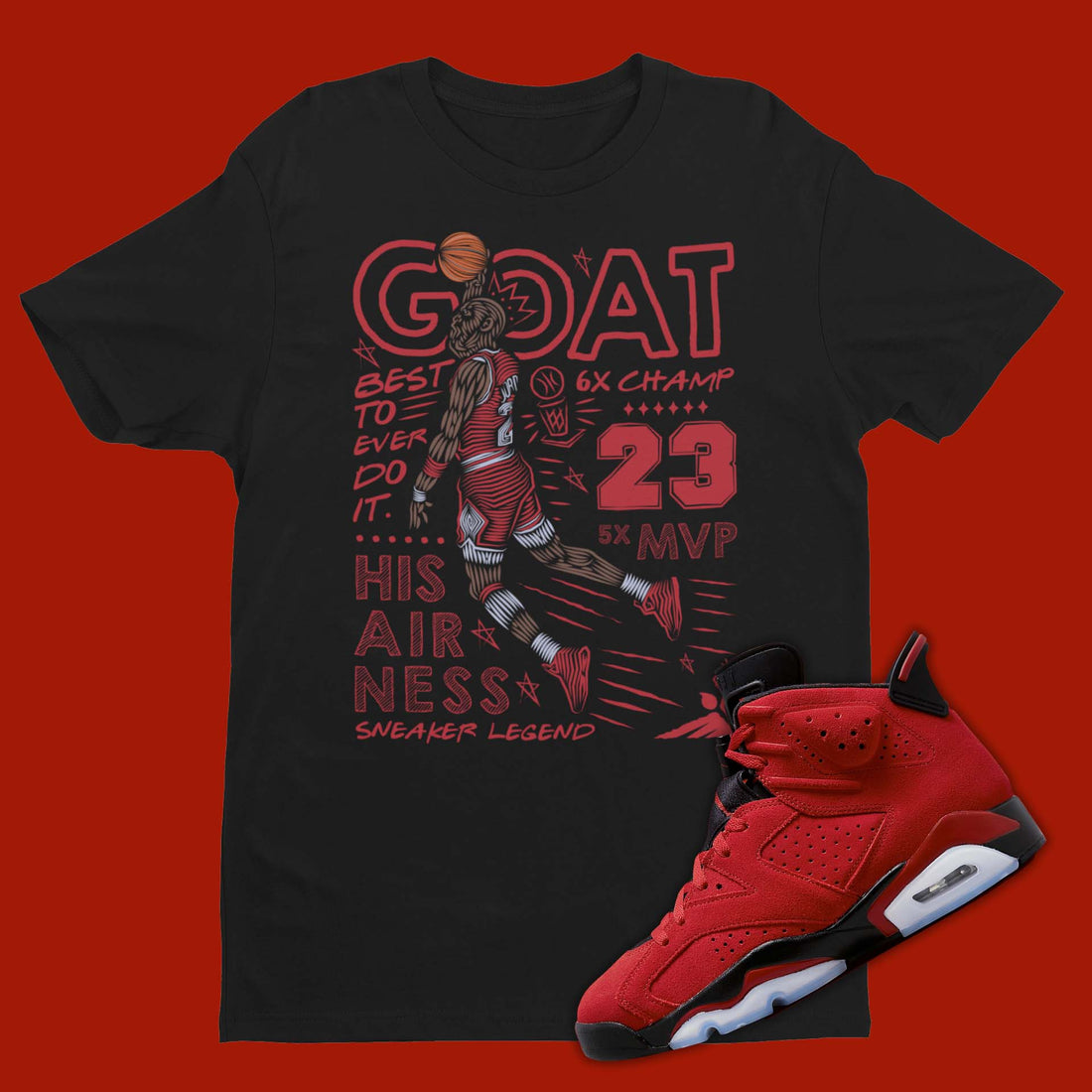 Jordan dunking t-shirt designed to match the Air Jordan 6 Toro Bravo.