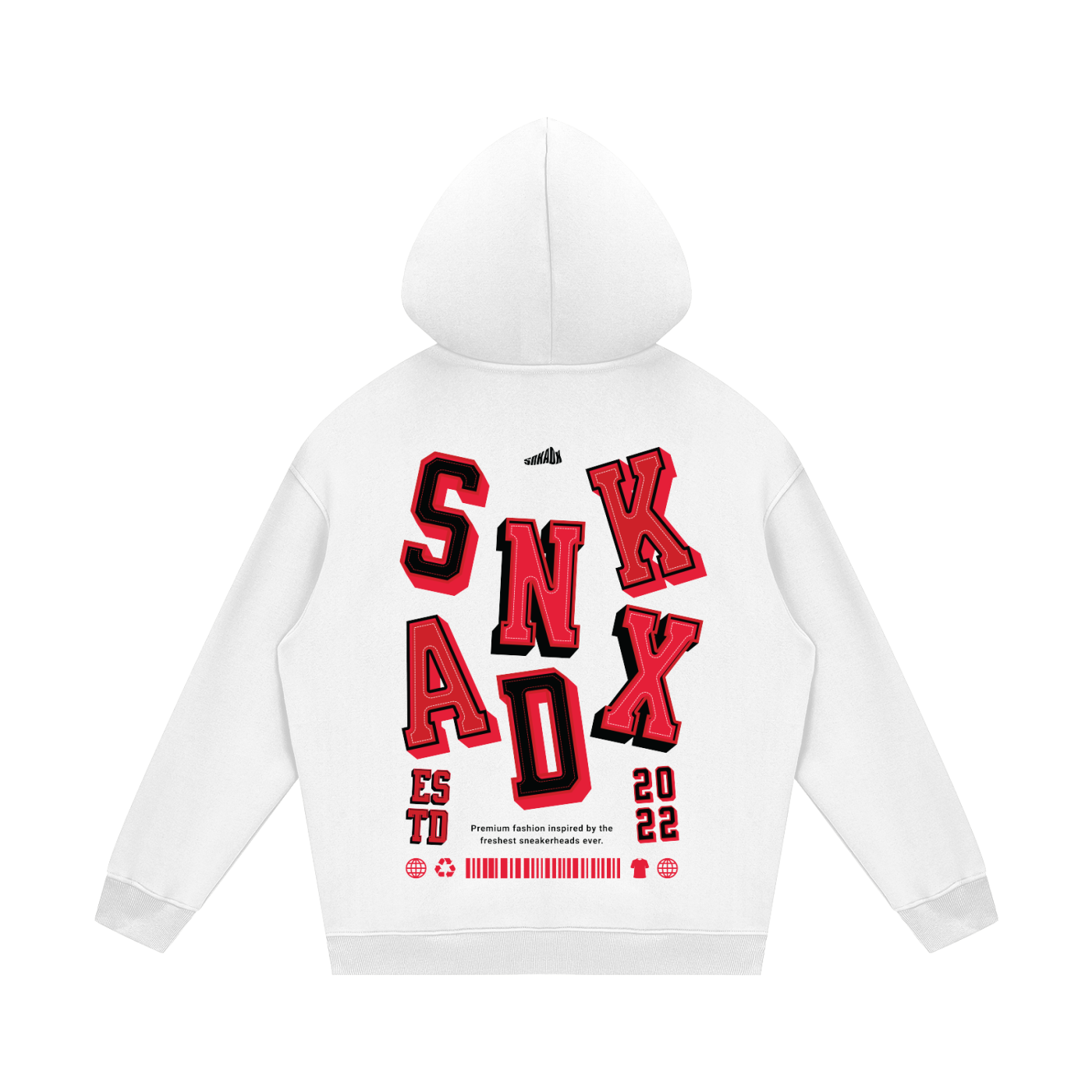 White hoodie with red and black text on a white background
