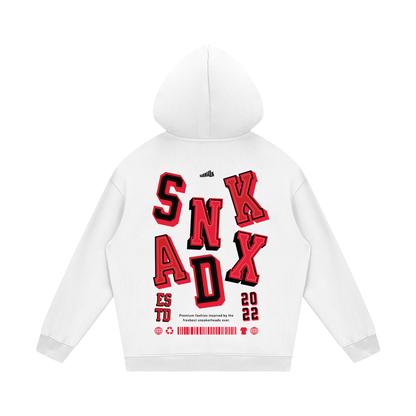 White hoodie with red and black text on a white background