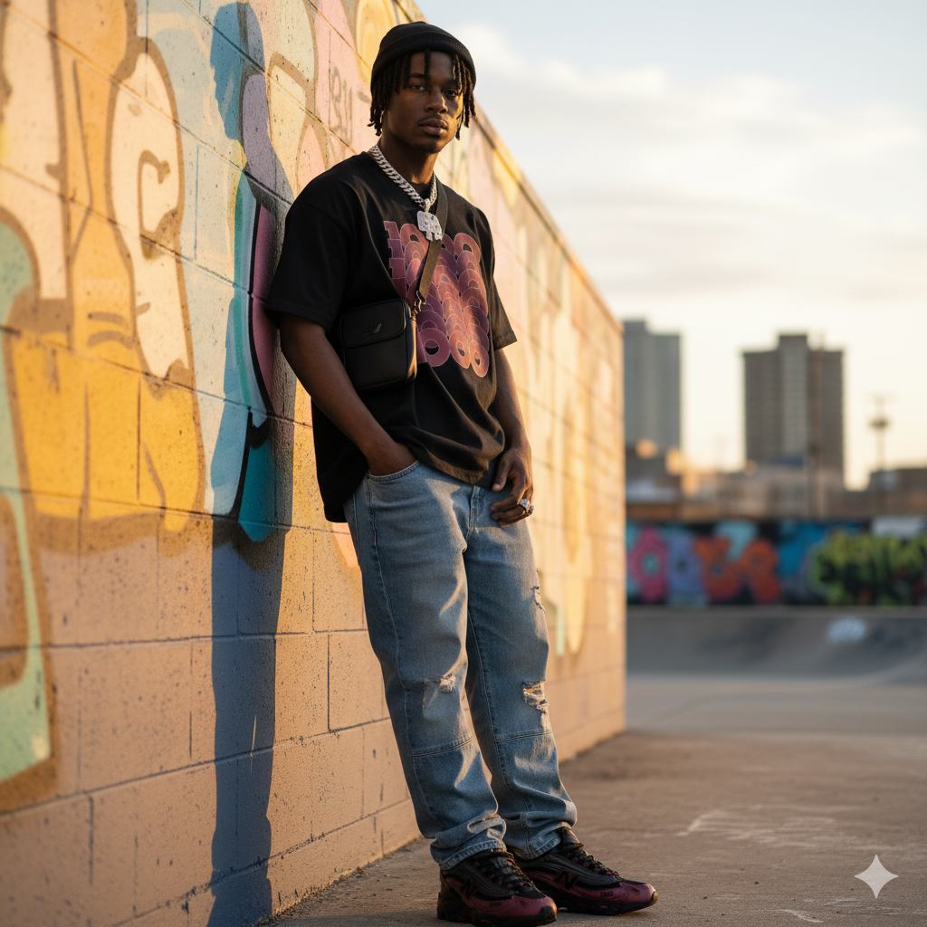 Person leaning against a colorful mural at a skate park.