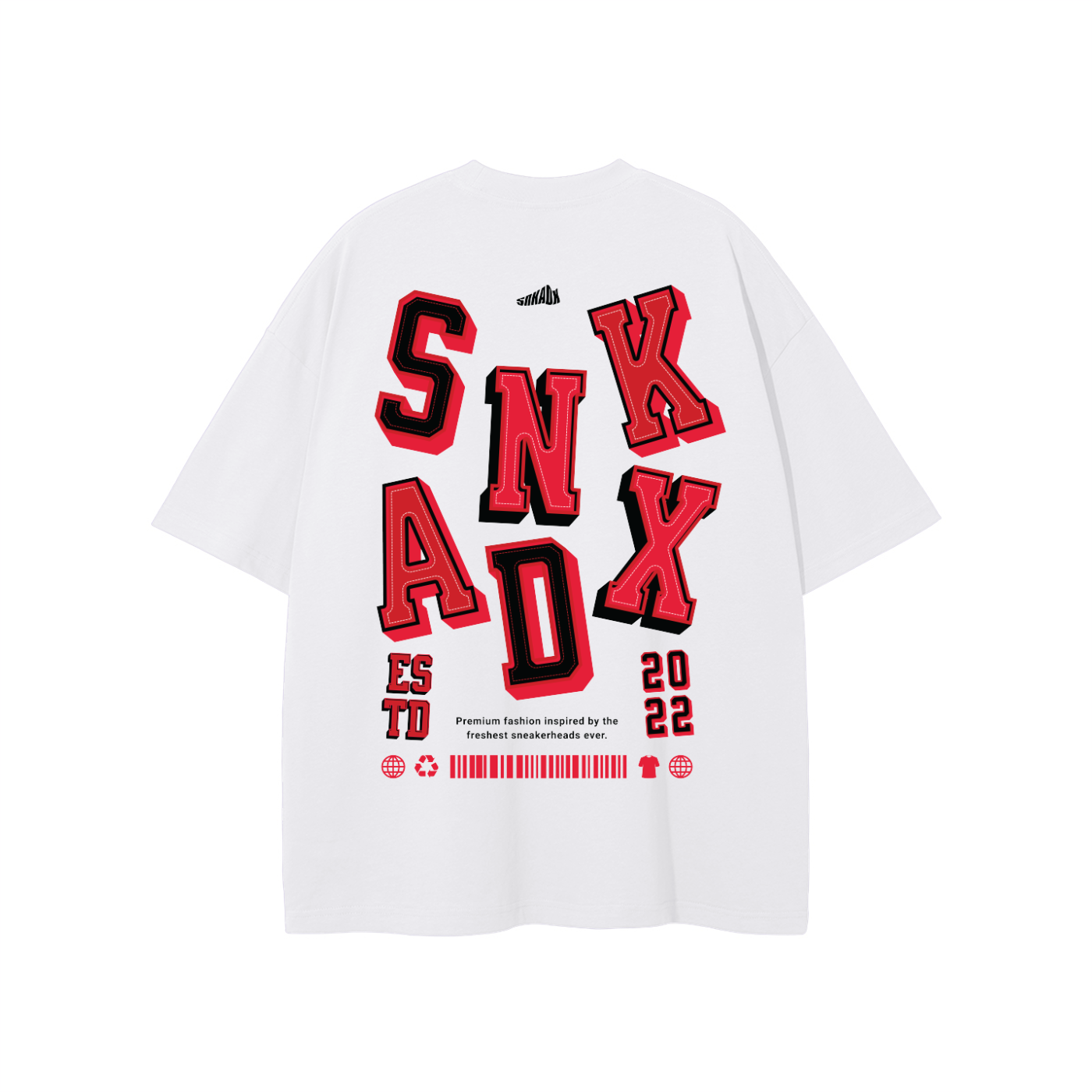 White t-shirt with red and black text on the back against a white background