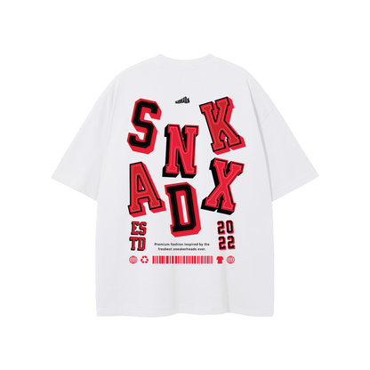 White t-shirt with red and black text on the back against a white background