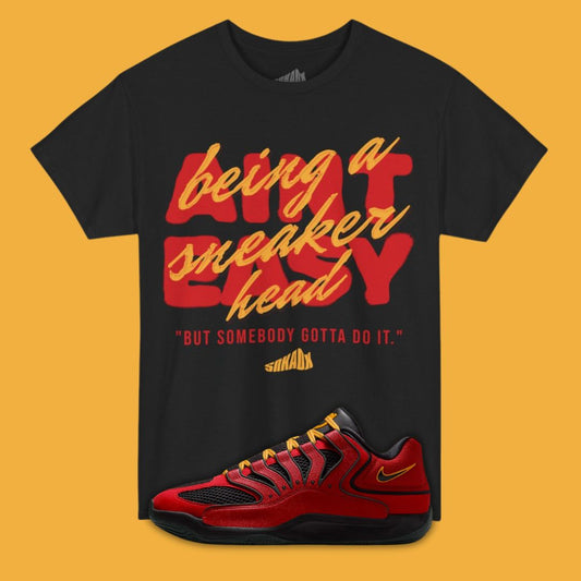 Black Typography Shirt with Being A Sneakerhead Ain't Easy on the front Matching Nike KD 18 Air Bakin