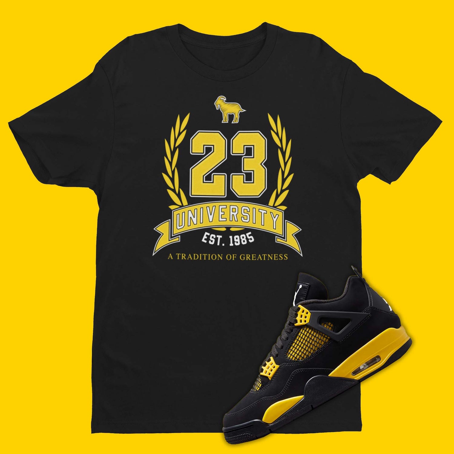 23 University crew neck black t-shirt with 'A tradition of greatness' design inspired by Air Jordan 4 Thunder sneakers.