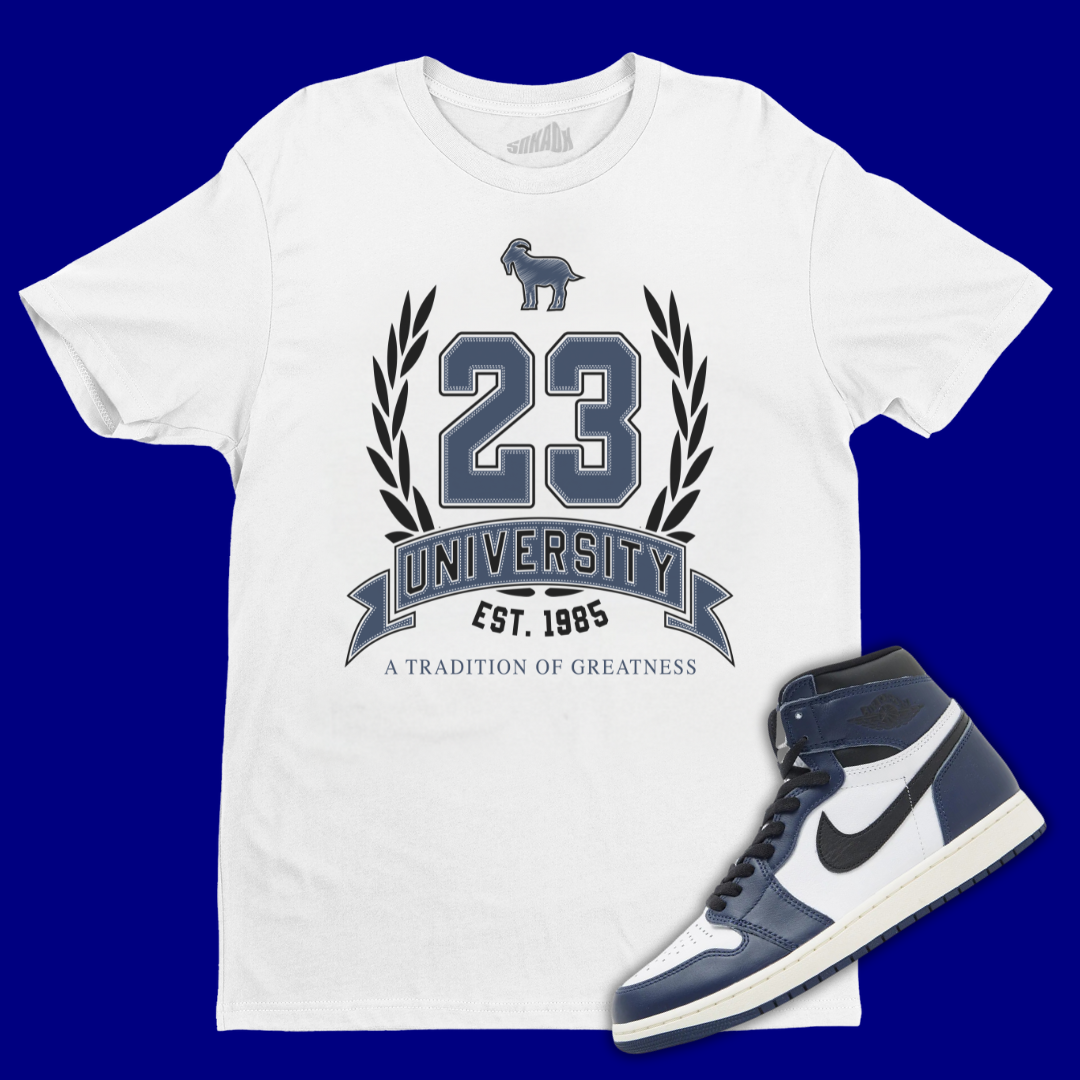 23 University White T-Shirt Matching Jordan 1 High OG Midnight Navy