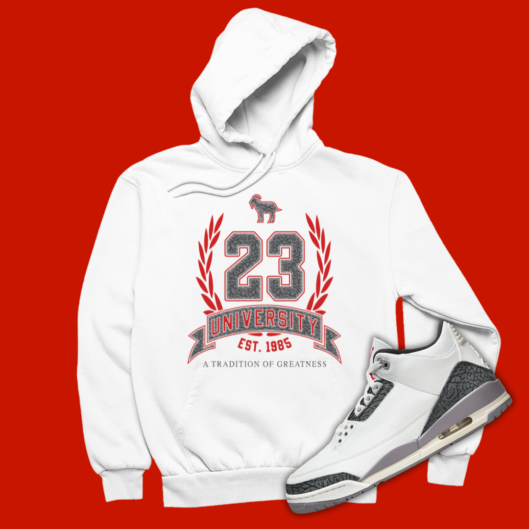 23 University White Hoodie Matching Jordan 3 Cement Grey