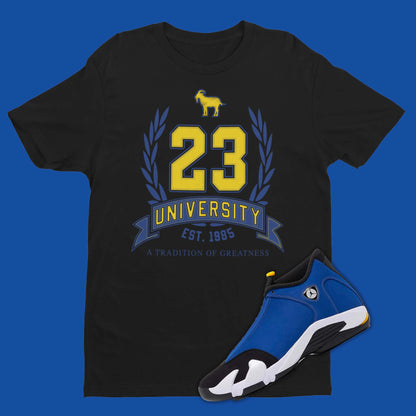 23 University Matching Air Jordan 14 Laney in black varsity royal and varsity maize