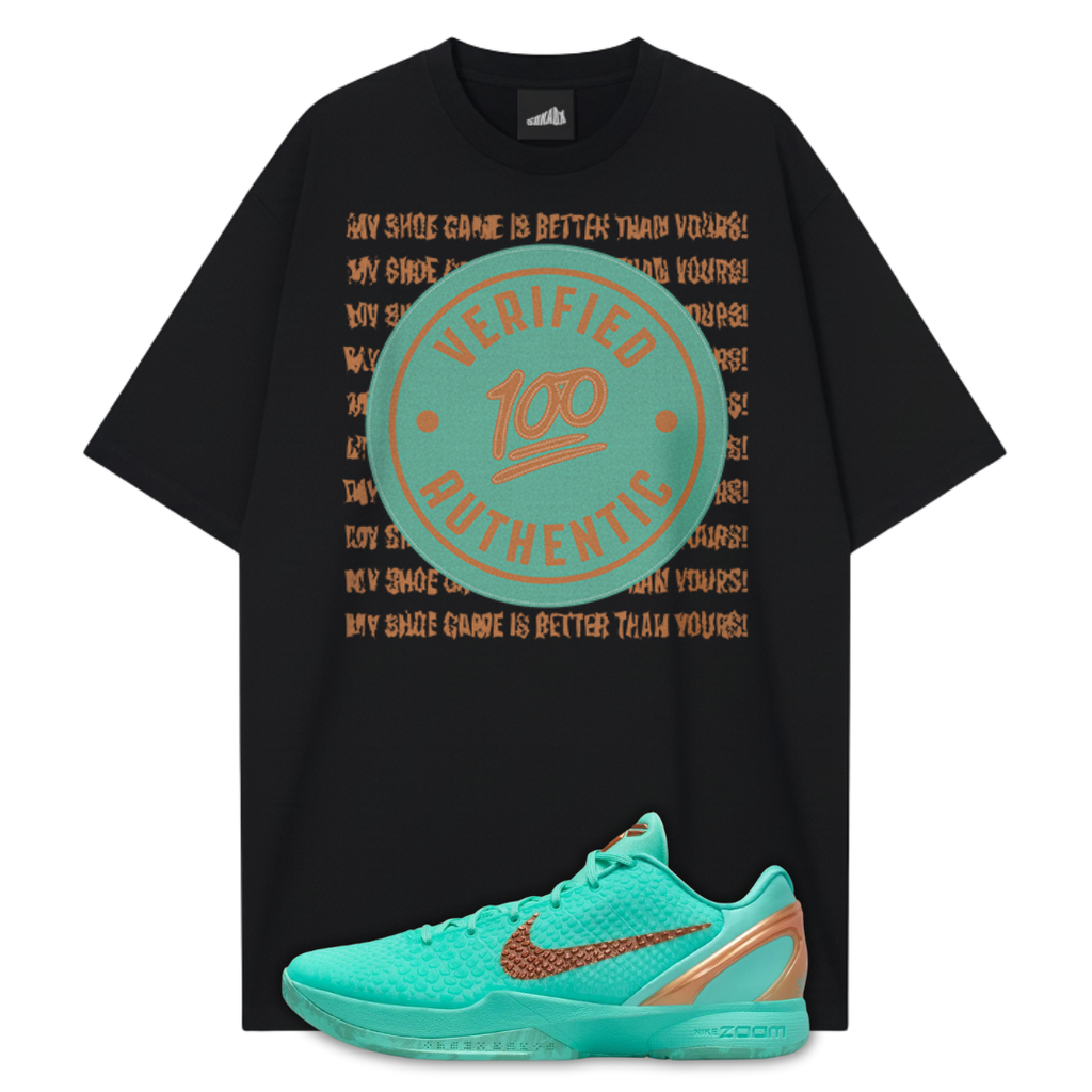 Black t-shirt with 'Verified Authentic 100' design and Nike Brunson Kobe 6 Protro Statue of Liberty sneaker on a white background